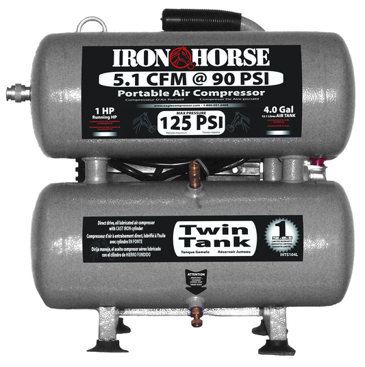 IHTS104L-AK Iron Horse 1 HP Running, 5.1CFM @ 90psi Twin Stack (125psi max)