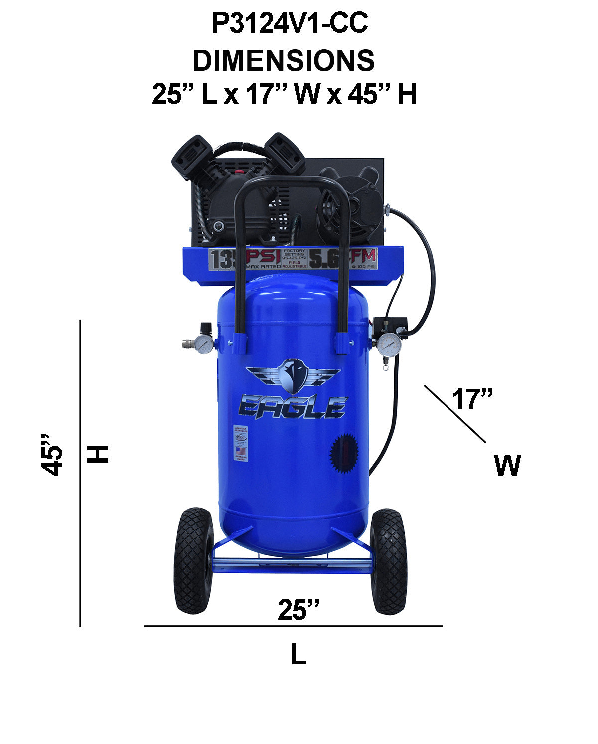 P3124V1-CC Eagle 3 HP Peak  Portable Vertical  5.6CFM @ 90psi Belt Drive (125psi max)