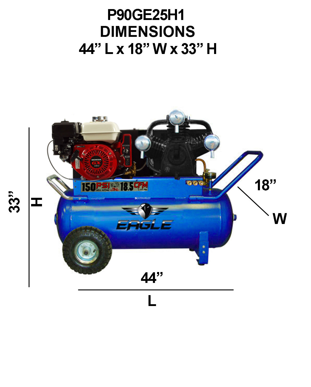 P90GE25H1 Eagle 9HP Honda Electric Start  Portable Horizontal  18.5CFM @ 100psi (150psimax)