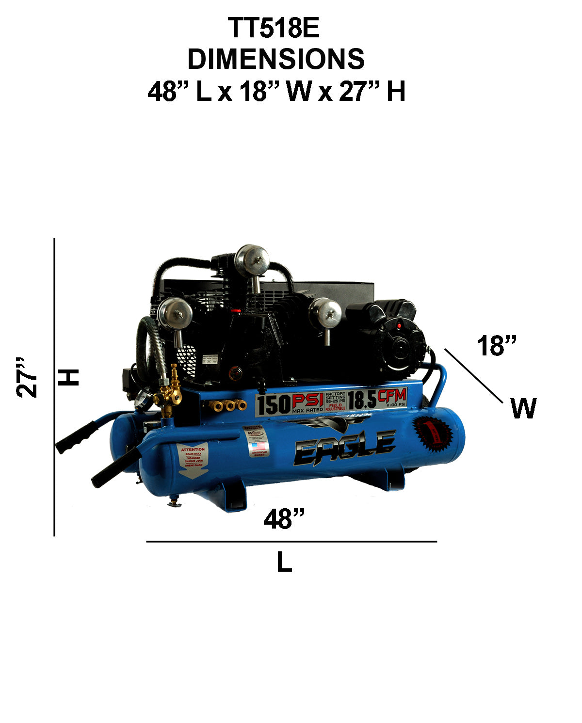 TT518E Eagle 5 HP Twin Tank Wheelbarrow  220V 18.5 CFM @ 100psi (150psi max)